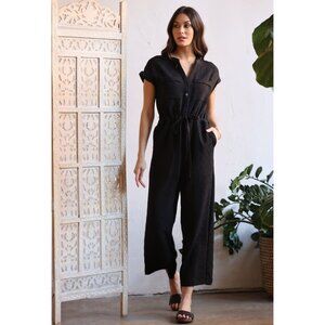 Eva Franco Short-Sleeve Wide-Leg Black Elastic Waist Stretch Knit Jumpsuit